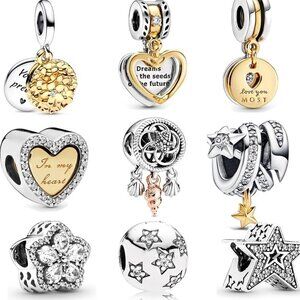 9 Pack Silver Dangle Bead Charms for Bracelets & Necklaces, Stylish Jewelry Set
